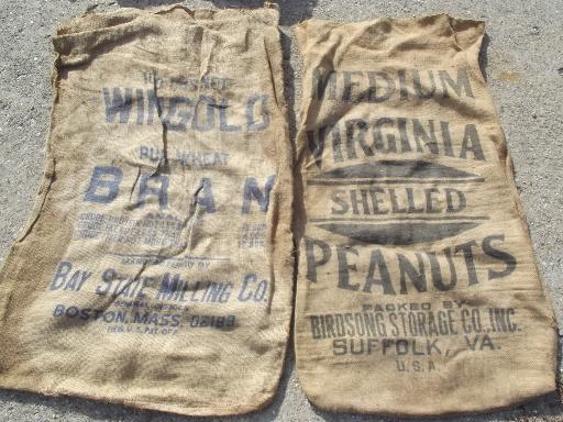 photo of vintage burlap sacks, farm feed bags for primitive old print fabric #6