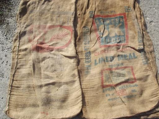 photo of vintage burlap sacks, farm feed bags for primitive old print fabric #7