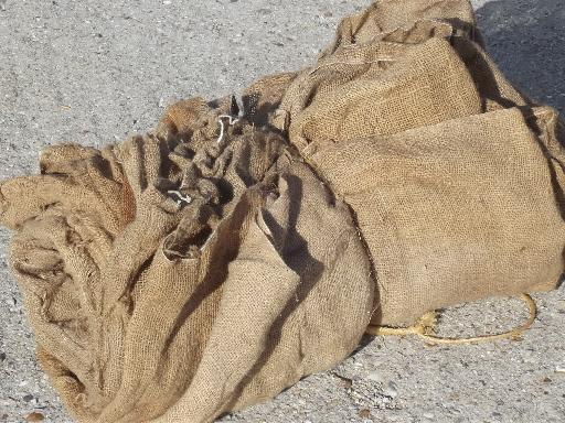 photo of vintage burlap sacks, farm feed bags for primitive old print fabric #1