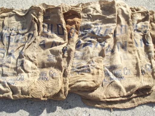 photo of vintage burlap sacks, farm feed bags for primitive old print fabric #2