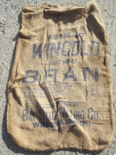 photo of vintage burlap sacks, farm feed bags for primitive old print fabric #3