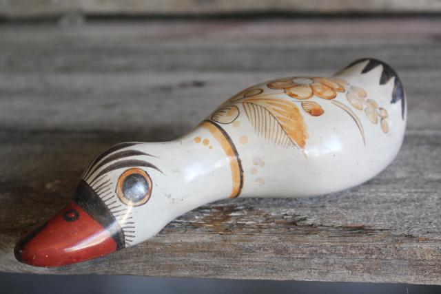 photo of vintage burnished pottery duck bird hand painted Mexico folk art Tonala or Tlaquepaque #1