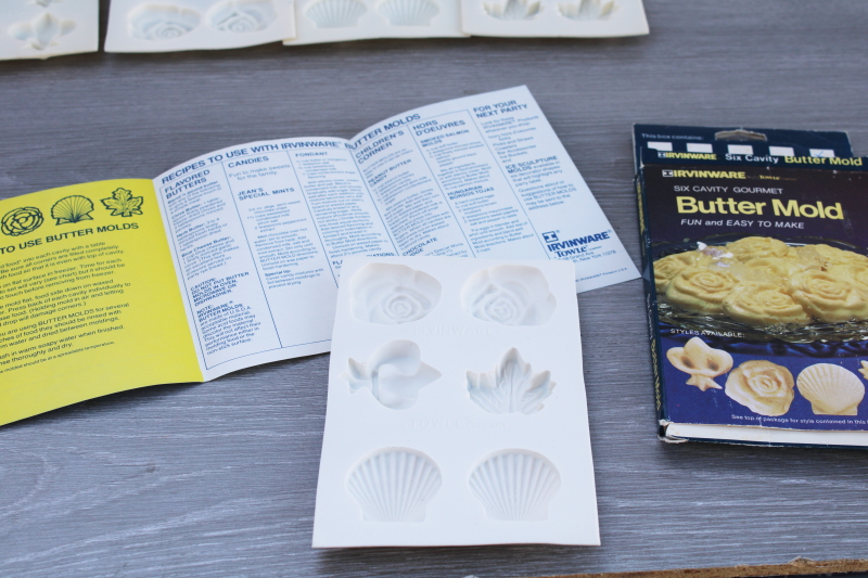 photo of vintage butter pat molds in box w/ instructions, fleur de lis, rose, leaf, shell shapes #2