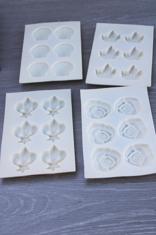 photo of vintage butter pat molds in box w/ instructions, fleur de lis, rose, leaf, shell shapes #7