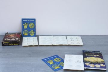 catalog photo of vintage butter pat molds in box w/ instructions, fleur de lis, rose, leaf, shell shapes