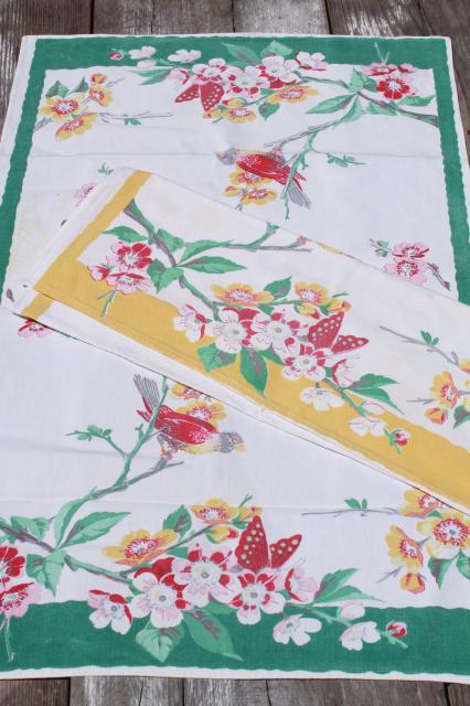 photo of vintage butterflies & flowers print cotton dish towels, 40s 50s printed kitchen linens #1