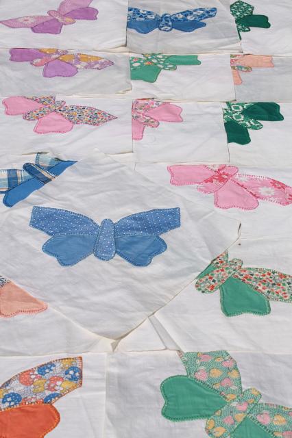 photo of vintage butterfly applique quilt blocks, hand stitched embroidery w/ pretty cotton prints #1