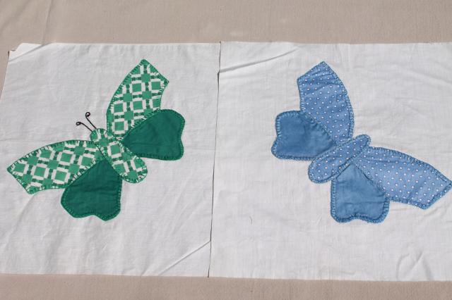 photo of vintage butterfly applique quilt blocks, hand stitched embroidery w/ pretty cotton prints #7