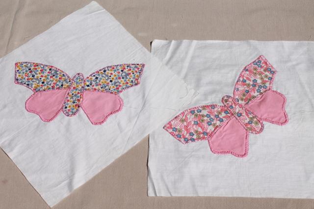 photo of vintage butterfly applique quilt blocks, hand stitched embroidery w/ pretty cotton prints #11