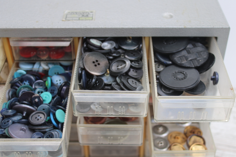 photo of vintage button collection, lot of old buttons in storage drawers organizer box #6