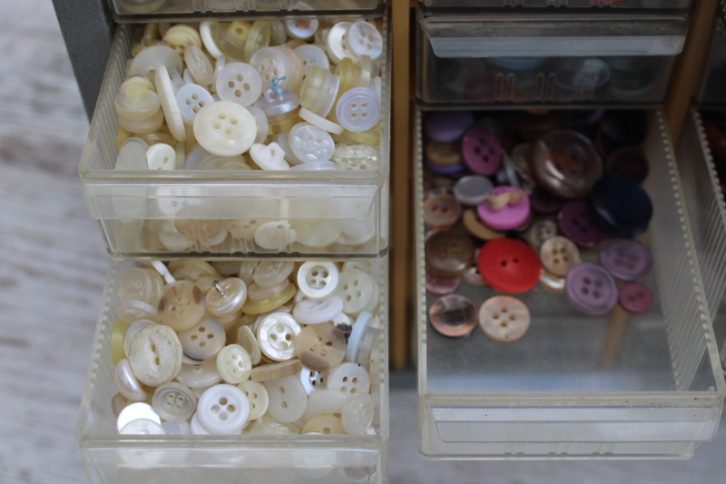 photo of vintage button collection, lot of old buttons in storage drawers organizer box #7