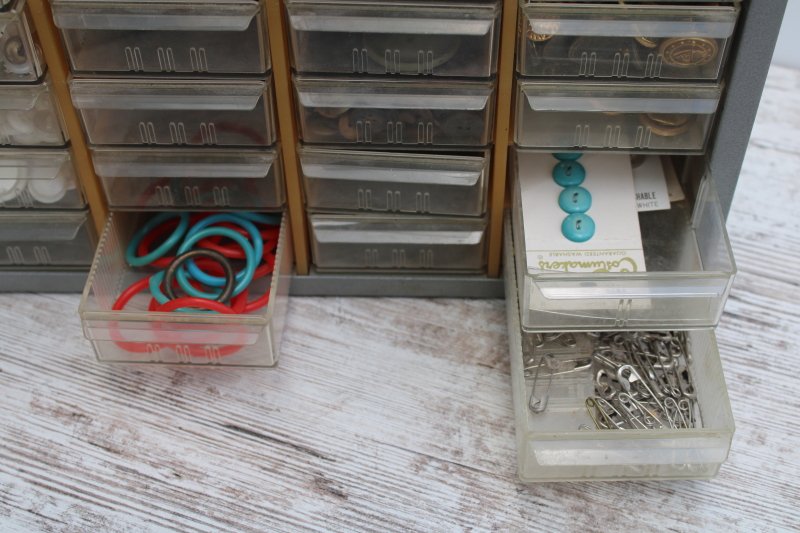 photo of vintage button collection, lot of old buttons in storage drawers organizer box #11