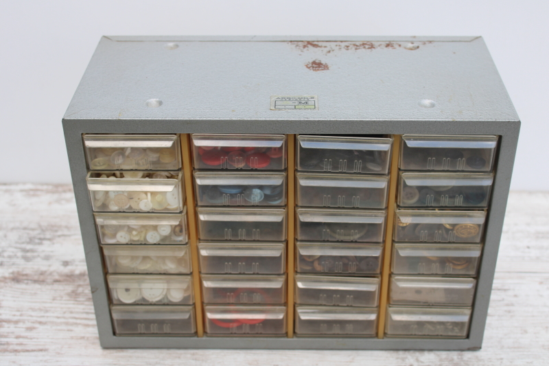 photo of vintage button collection, lot of old buttons in storage drawers organizer box #12