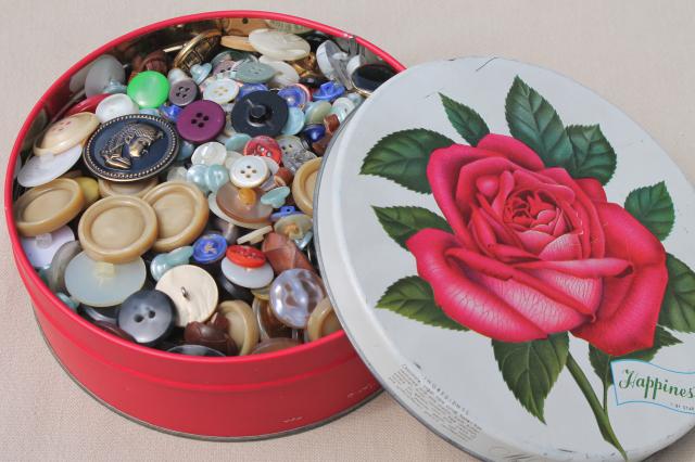 photo of vintage button collection, old rose print tin full of buttons of all kinds #2