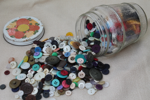 photo of vintage buttons collection, old glass barrel jar full of buttons of all kinds #3