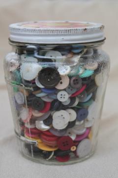 catalog photo of vintage buttons collection, old glass barrel jar full of buttons of all kinds