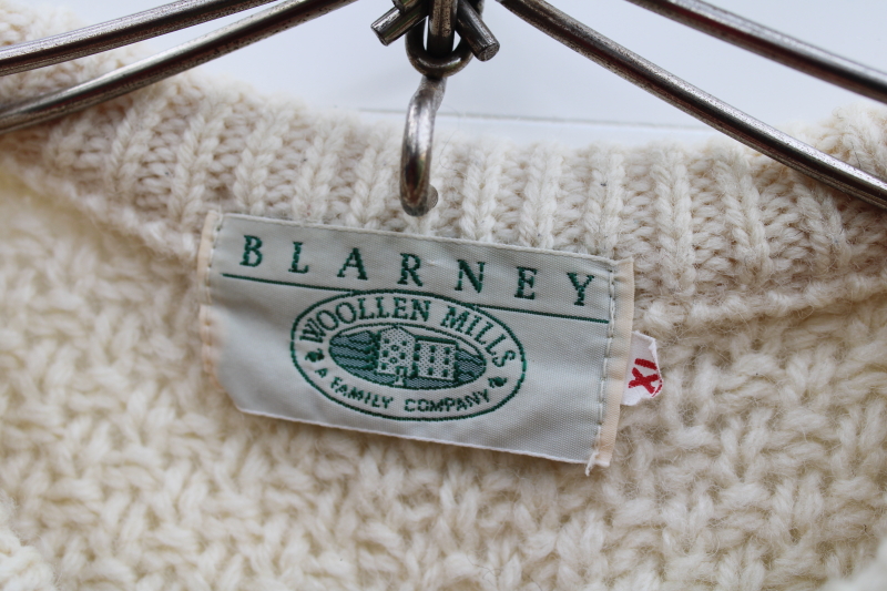 photo of vintage cable knit aran sweater cream colored wool handmade Blarney Ireland tag XL #2