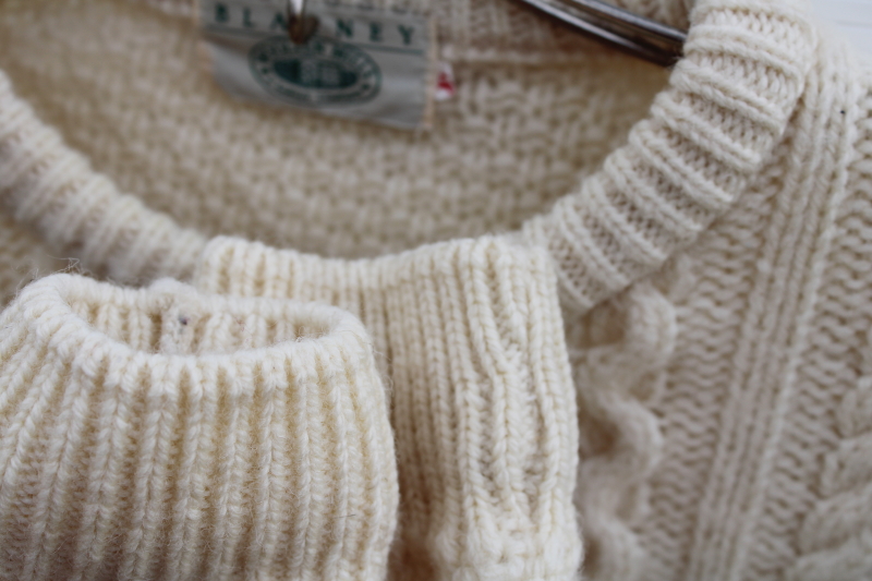 photo of vintage cable knit aran sweater cream colored wool handmade Blarney Ireland tag XL #4
