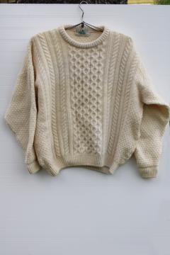 catalog photo of vintage cable knit aran sweater cream colored wool handmade Blarney Ireland tag XL