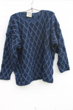 catalog photo of vintage cable knit aran sweater indigo blue wool handmade Connemara Ireland tag XL