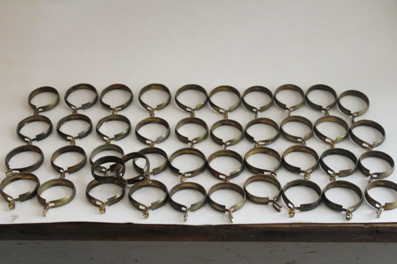 photo of vintage cafe curtain rings w/ strong pinch clips, antique brass plated steel drapery hardware #1