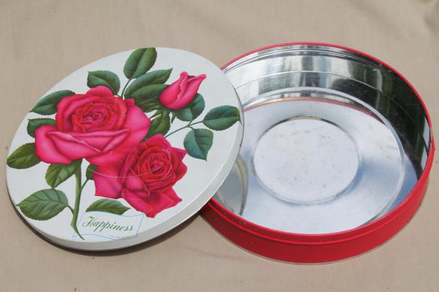 photo of vintage cake or cookie tin w/ pink sweetheart roses & Happiness motto #2