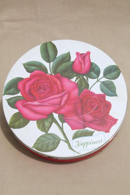 photo of vintage cake or cookie tin w/ pink sweetheart roses & Happiness motto #3