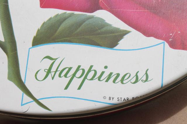 photo of vintage cake or cookie tin w/ pink sweetheart roses & Happiness motto #6