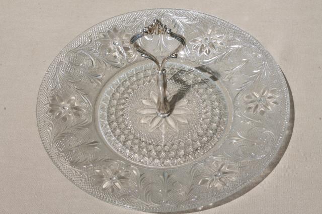 photo of vintage cake plate / serving tray with center handle, sandwich pattern clear pressed glass #2