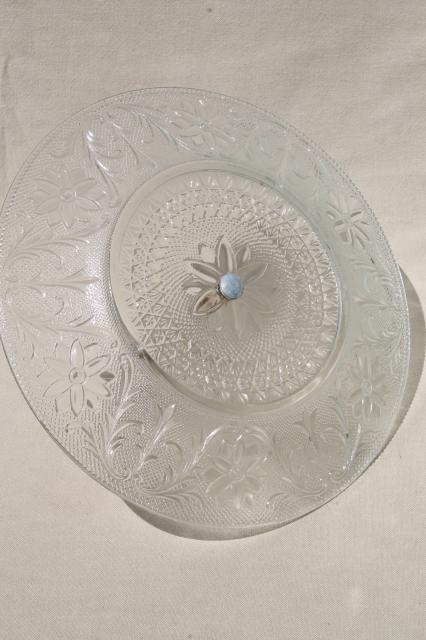 photo of vintage cake plate / serving tray with center handle, sandwich pattern clear pressed glass #3