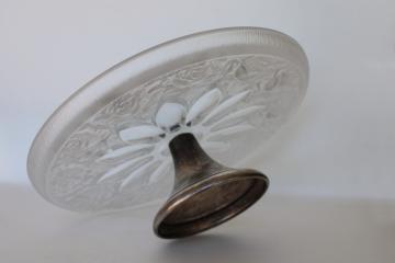 catalog photo of vintage cake plate w/ silver stand, crystal frosted glass puffy roses pattern