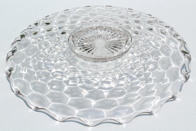 photo of vintage cake plate, small torte plate in cube pattern glass, Fostoria American #4