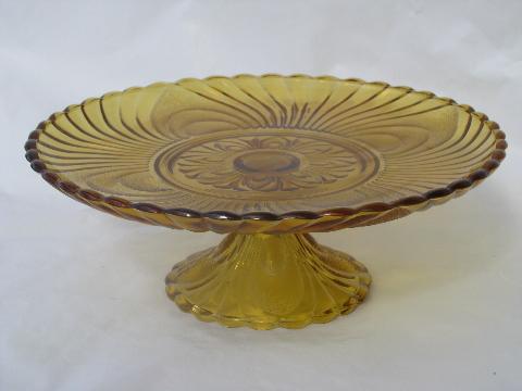 photo of vintage cake stand, pressed pattern glass pedestal plate, amber glass #1