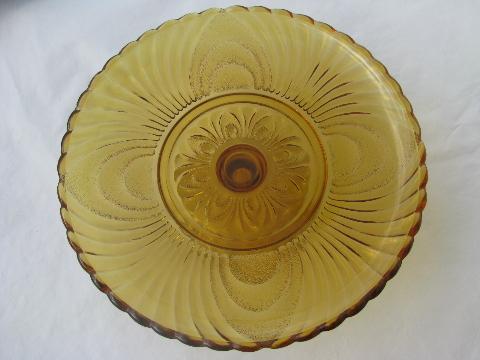 photo of vintage cake stand, pressed pattern glass pedestal plate, amber glass #2