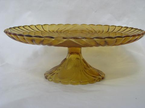 photo of vintage cake stand, pressed pattern glass pedestal plate, amber glass #3