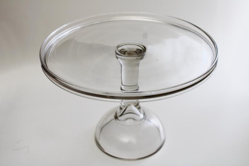 photo of vintage cake stand, tall plain clear glass pedestal plate old fashioned bakery style #7