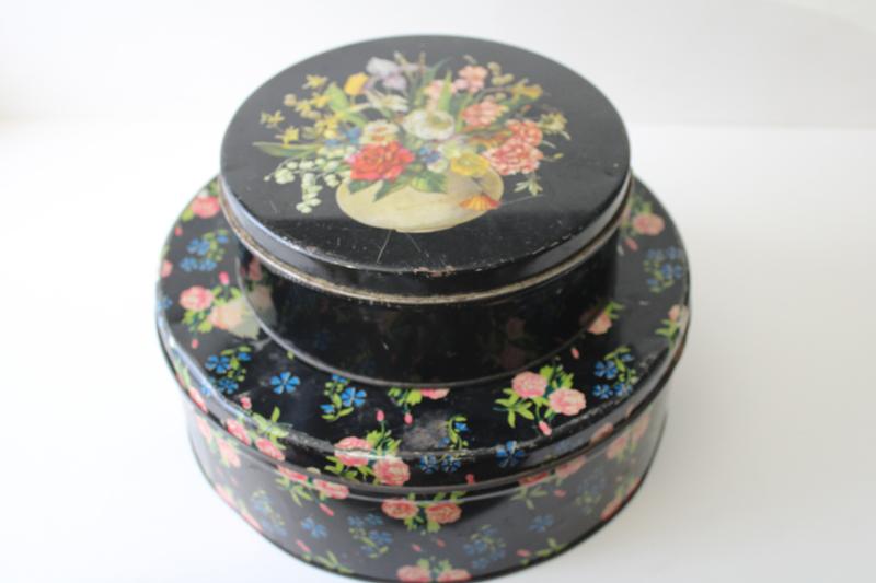 photo of vintage cake tins, Victorian style floral prints on black, shabby cottage decor #2