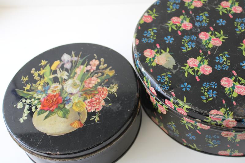 photo of vintage cake tins, Victorian style floral prints on black, shabby cottage decor #3