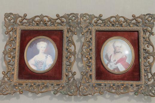 photo of vintage cameo creation lady portraits, ornate gold framed bubble glass prints set on velvet #1