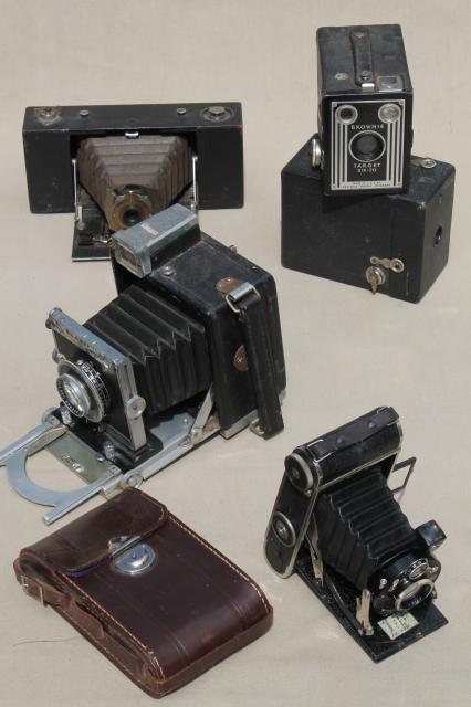 photo of vintage camera lot, B & J press camera, Kodak box cameras photo prop  #1