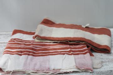 catalog photo of vintage camp blanket fabric, factory remnant material w/ tags, rust cream plaid cotton wool fabric