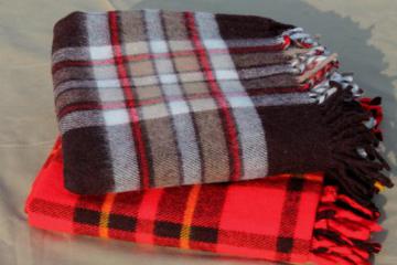catalog photo of vintage camp blanket lot, plaid throw blankets for camping or stadium blankets