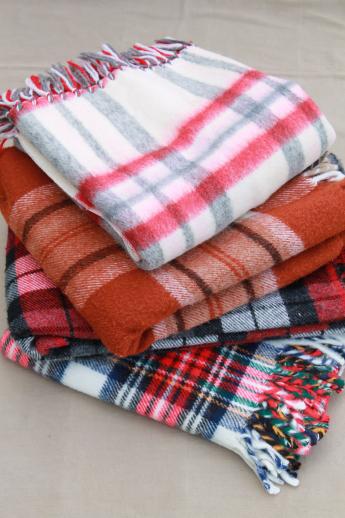 photo of vintage camp blanket lot, stack of plaid blankets for camping, stadium blankets #1