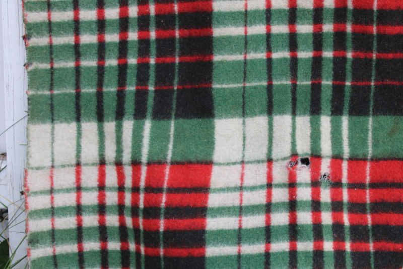 photo of vintage camp blanket red green plaid w/ black, soft plush cotton rayon bed blanket rustic Christmas #2
