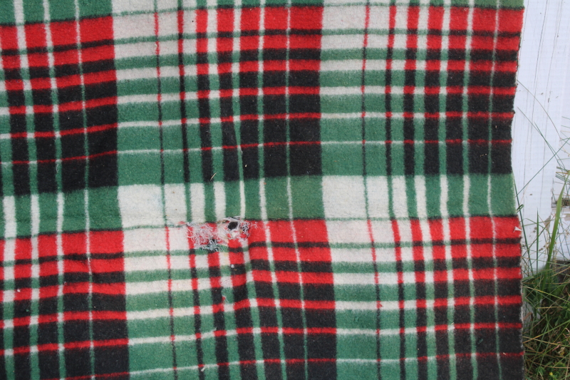 photo of vintage camp blanket red green plaid w/ black, soft plush cotton rayon bed blanket rustic Christmas #4