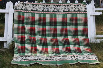 catalog photo of vintage camp blanket red green plaid w/ black, soft plush cotton rayon bed blanket rustic Christmas