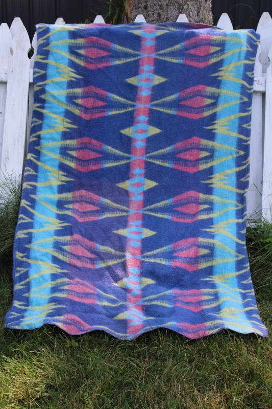 photo of vintage camp blanket, western style Indian blanket pattern in candy colors turquoise pink green #1