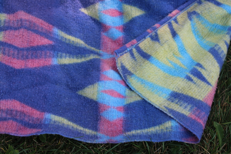 photo of vintage camp blanket, western style Indian blanket pattern in candy colors turquoise pink green #2