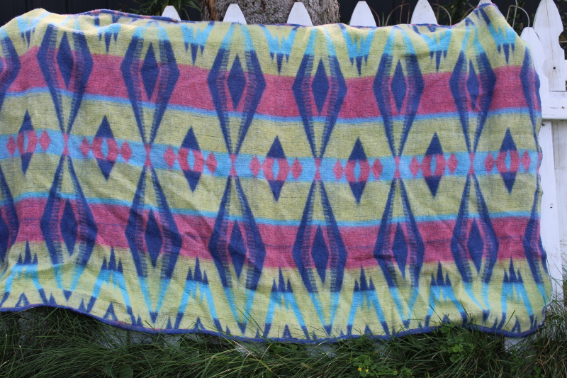 photo of vintage camp blanket, western style Indian blanket pattern in candy colors turquoise pink green #4