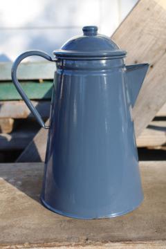 catalog photo of vintage camp coffee pot, storm grey enamel ware steel coffeepot for stovetop